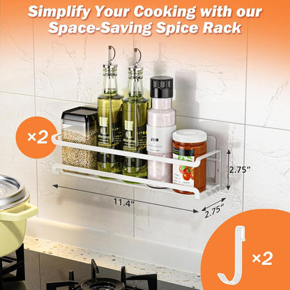 Spice Rack Wall Mounted, Black,For Spice Jars & Seasonings | 4 Removalble Hooks,Screw or Adhesive Hanging, Space-Saving,For Kitchen Cabinet, Pantry Door,Stove,RV Use,11.41x2.75x2.75in