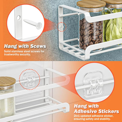 Spice Rack Wall Mounted, Black,For Spice Jars & Seasonings | 4 Removalble Hooks,Screw or Adhesive Hanging, Space-Saving,For Kitchen Cabinet, Pantry Door,Stove,RV Use,11.41x2.75x2.75in