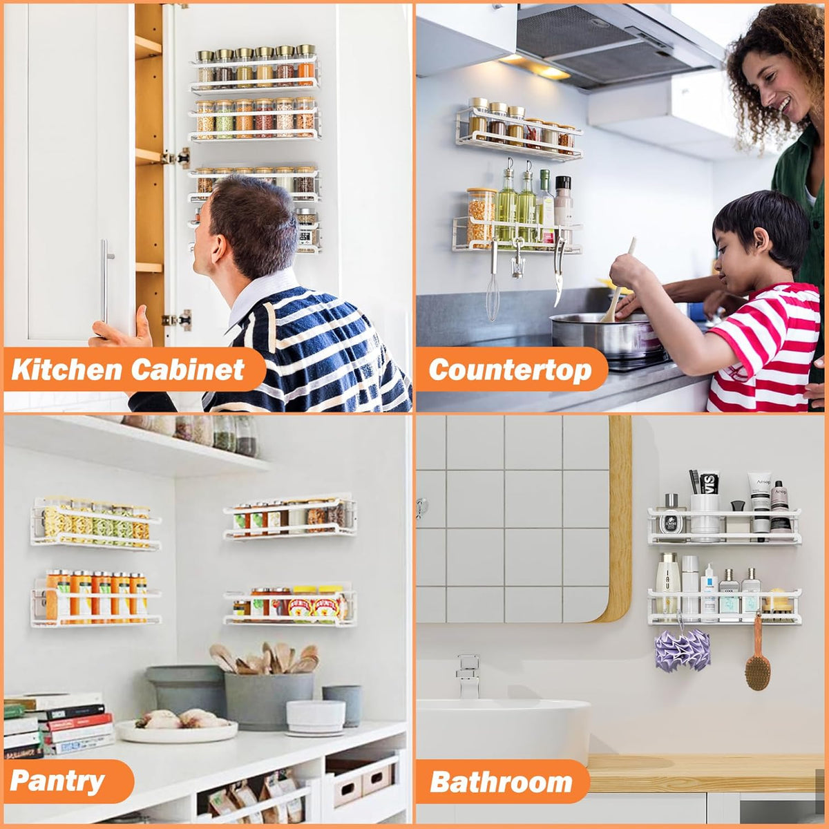 Spice Rack Wall Mounted, Black,For Spice Jars & Seasonings | 4 Removalble Hooks,Screw or Adhesive Hanging, Space-Saving,For Kitchen Cabinet, Pantry Door,Stove,RV Use,11.41x2.75x2.75in