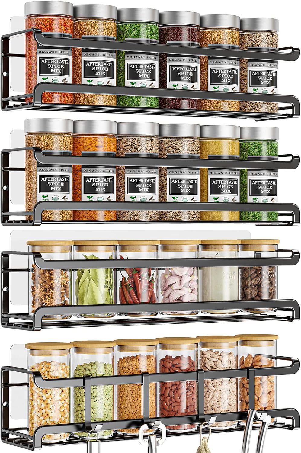 Spice Rack Wall Mounted, Black,For Spice Jars & Seasonings | 4 Removalble Hooks,Screw or Adhesive Hanging, Space-Saving,For Kitchen Cabinet, Pantry Door,Stove,RV Use,11.41x2.75x2.75in