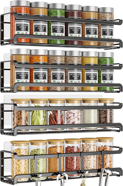 Spice Rack Wall Mounted, Black,For Spice Jars & Seasonings | 4 Removalble Hooks,Screw or Adhesive Hanging, Space-Saving,For Kitchen Cabinet, Pantry Door,Stove,RV Use,11.41x2.75x2.75in