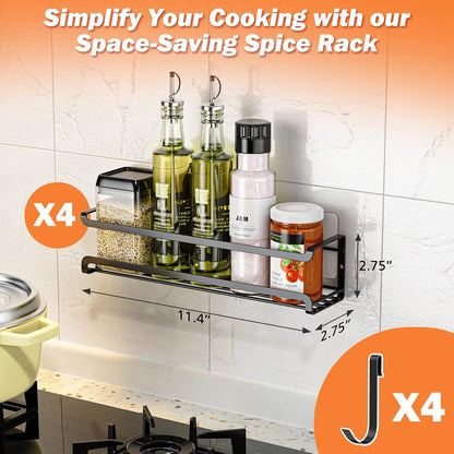 Spice Rack Wall Mounted, Black,For Spice Jars & Seasonings | 4 Removalble Hooks,Screw or Adhesive Hanging, Space-Saving,For Kitchen Cabinet, Pantry Door,Stove,RV Use,11.41x2.75x2.75in