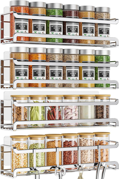 Spice Rack Wall Mounted, Black,For Spice Jars & Seasonings | 4 Removalble Hooks,Screw or Adhesive Hanging, Space-Saving,For Kitchen Cabinet, Pantry Door,Stove,RV Use,11.41x2.75x2.75in