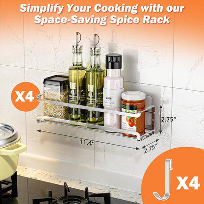 Spice Rack Wall Mounted, Black,For Spice Jars & Seasonings | 4 Removalble Hooks,Screw or Adhesive Hanging, Space-Saving,For Kitchen Cabinet, Pantry Door,Stove,RV Use,11.41x2.75x2.75in
