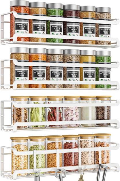 Spice Rack Wall Mounted, Black,For Spice Jars & Seasonings | 4 Removalble Hooks,Screw or Adhesive Hanging, Space-Saving,For Kitchen Cabinet, Pantry Door,Stove,RV Use,11.41x2.75x2.75in
