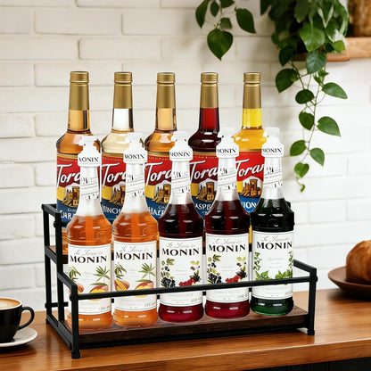Coffee Syrup Rack Organizer, 3-Tier | Metal Bottle Holder, Holds 12 Bottles, Rustic Countertop Display Shelf, For Coffee Bar, Kitchen Cabinet, Pantry