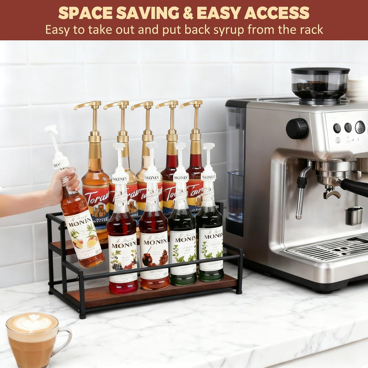 Coffee Syrup Rack Organizer, 3-Tier | Metal Bottle Holder, Holds 12 Bottles, Rustic Countertop Display Shelf, For Coffee Bar, Kitchen Cabinet, Pantry