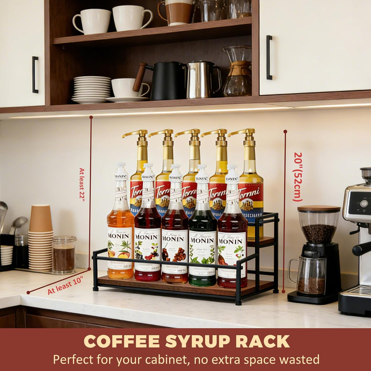 Coffee Syrup Rack Organizer, 3-Tier | Metal Bottle Holder, Holds 12 Bottles, Rustic Countertop Display Shelf, For Coffee Bar, Kitchen Cabinet, Pantry