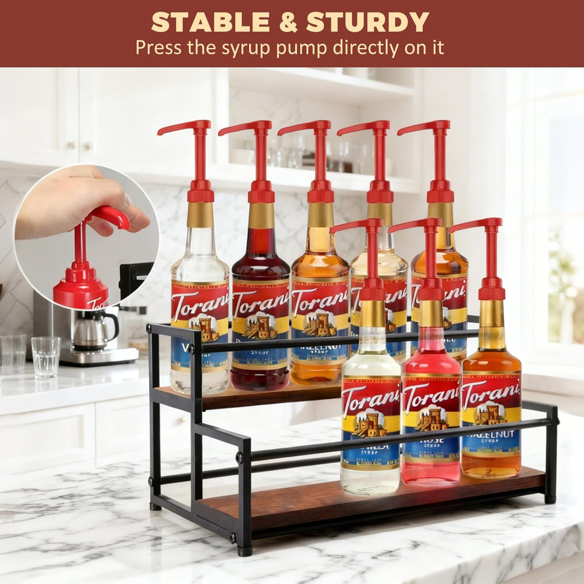 Coffee Syrup Rack Organizer, 3-Tier | Metal Bottle Holder, Holds 12 Bottles, Rustic Countertop Display Shelf, For Coffee Bar, Kitchen Cabinet, Pantry