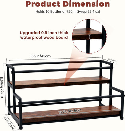 Coffee Syrup Rack Organizer, 3-Tier | Metal Bottle Holder, Holds 12 Bottles, Rustic Countertop Display Shelf, For Coffee Bar, Kitchen Cabinet, Pantry