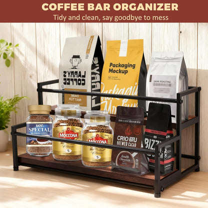 Coffee Syrup Rack Organizer, 3-Tier | Metal Bottle Holder, Holds 12 Bottles, Rustic Countertop Display Shelf, For Coffee Bar, Kitchen Cabinet, Pantry