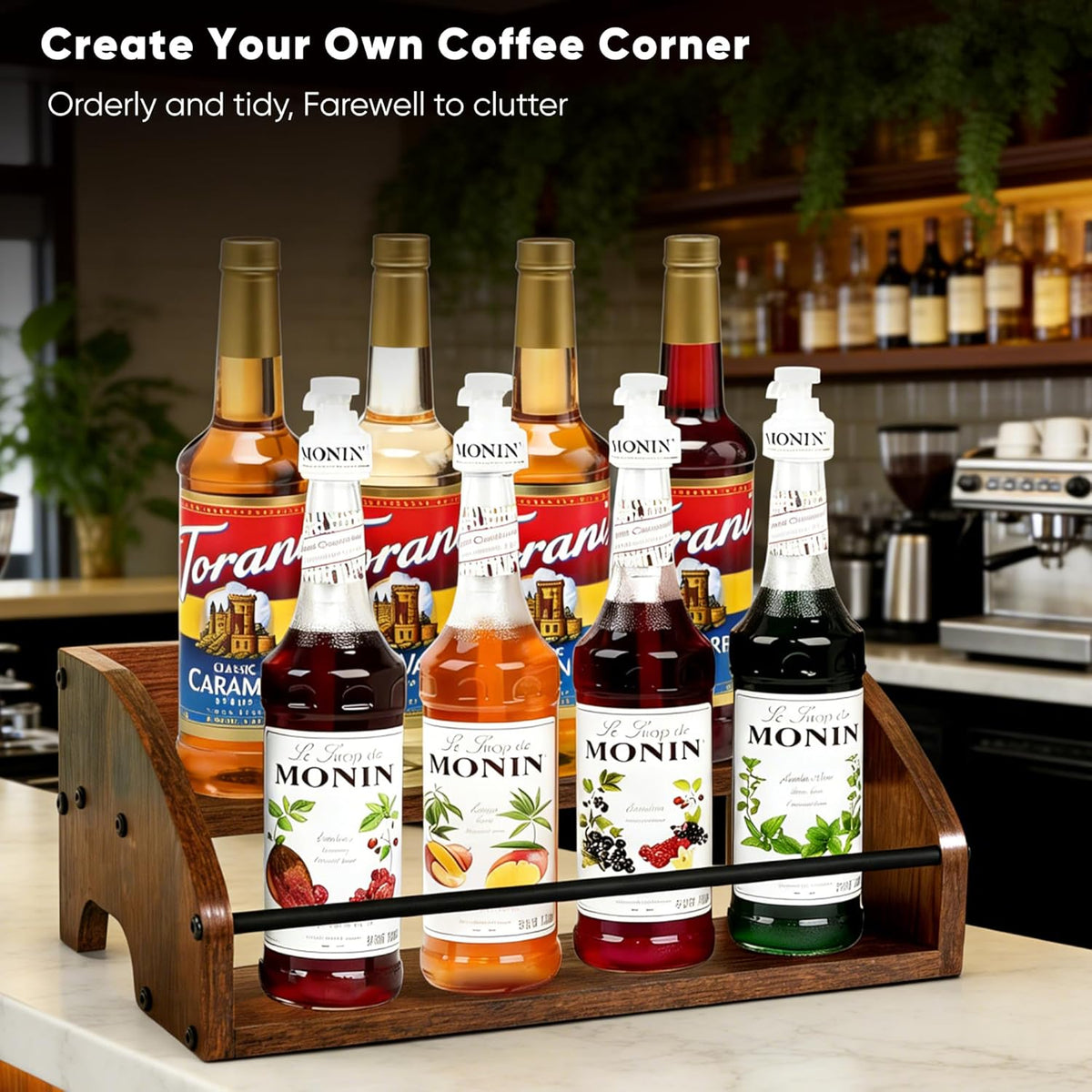 Coffee Syrup Rack Organizer, 3-Tier | Metal Bottle Holder, Holds 12 Bottles, Rustic Countertop Display Shelf, For Coffee Bar, Kitchen Cabinet, Pantry