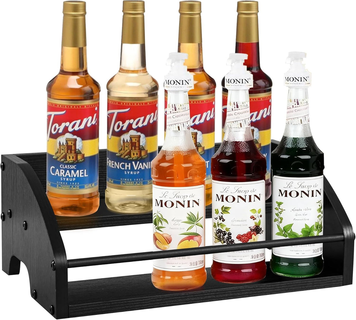 Coffee Syrup Rack Organizer, 3-Tier | Metal Bottle Holder, Holds 12 Bottles, Rustic Countertop Display Shelf, For Coffee Bar, Kitchen Cabinet, Pantry