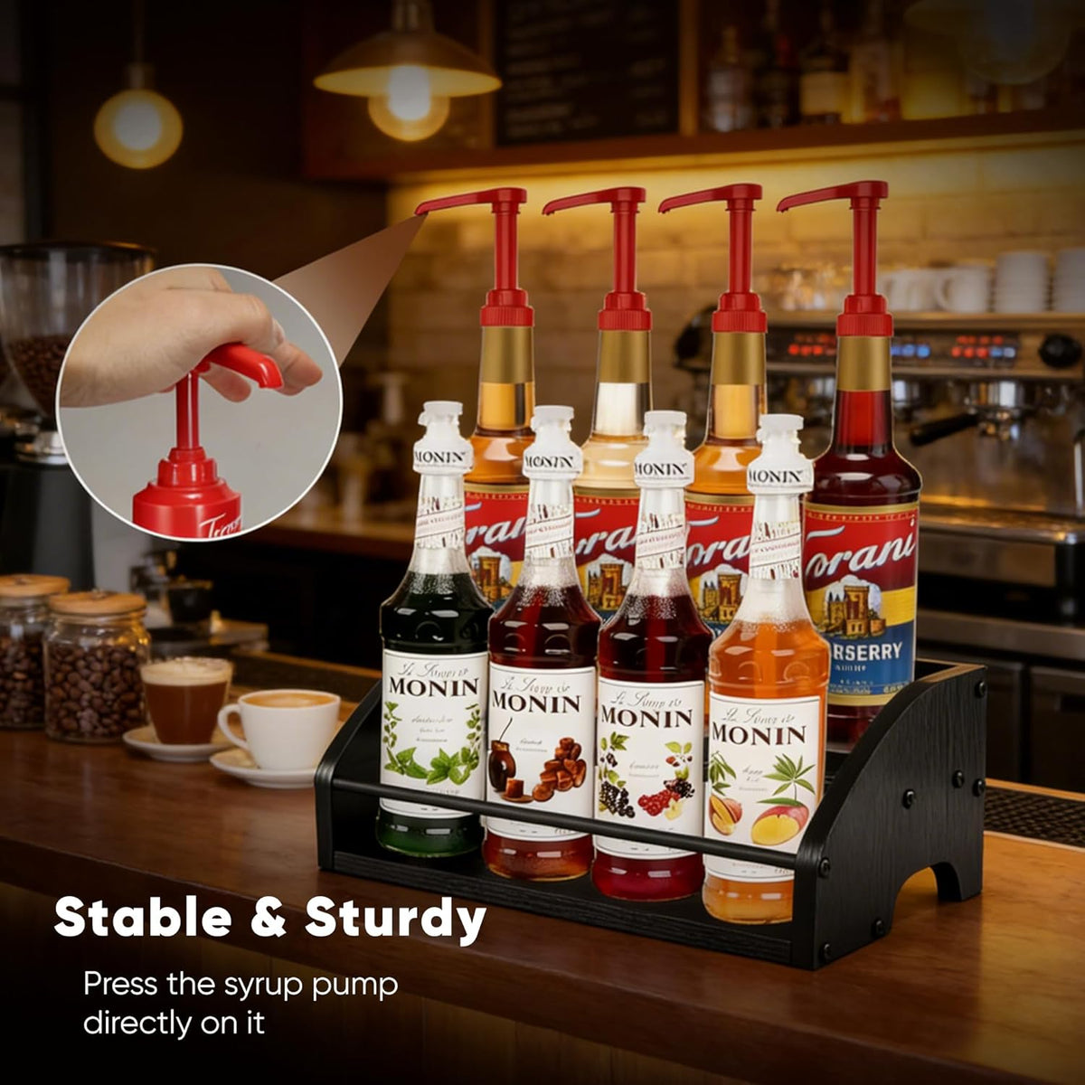 Coffee Syrup Rack Organizer, 3-Tier | Metal Bottle Holder, Holds 12 Bottles, Rustic Countertop Display Shelf, For Coffee Bar, Kitchen Cabinet, Pantry