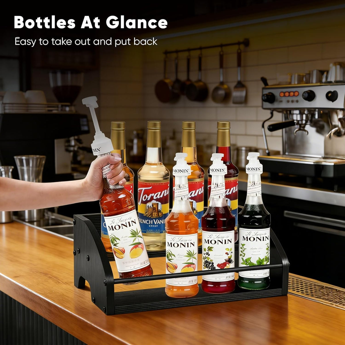 Coffee Syrup Rack Organizer, 3-Tier | Metal Bottle Holder, Holds 12 Bottles, Rustic Countertop Display Shelf, For Coffee Bar, Kitchen Cabinet, Pantry