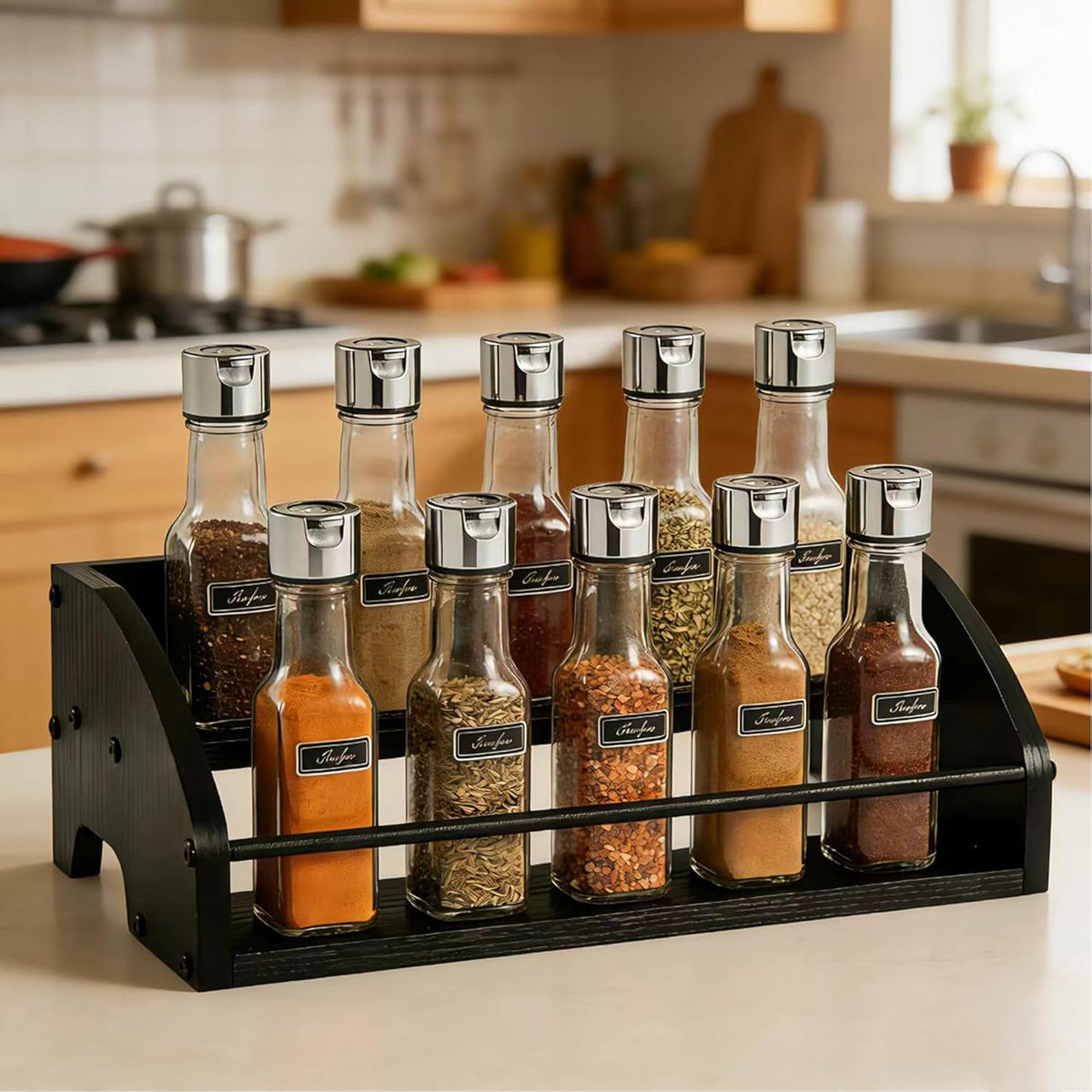 Coffee Syrup Rack Organizer, 3-Tier | Metal Bottle Holder, Holds 12 Bottles, Rustic Countertop Display Shelf, For Coffee Bar, Kitchen Cabinet, Pantry
