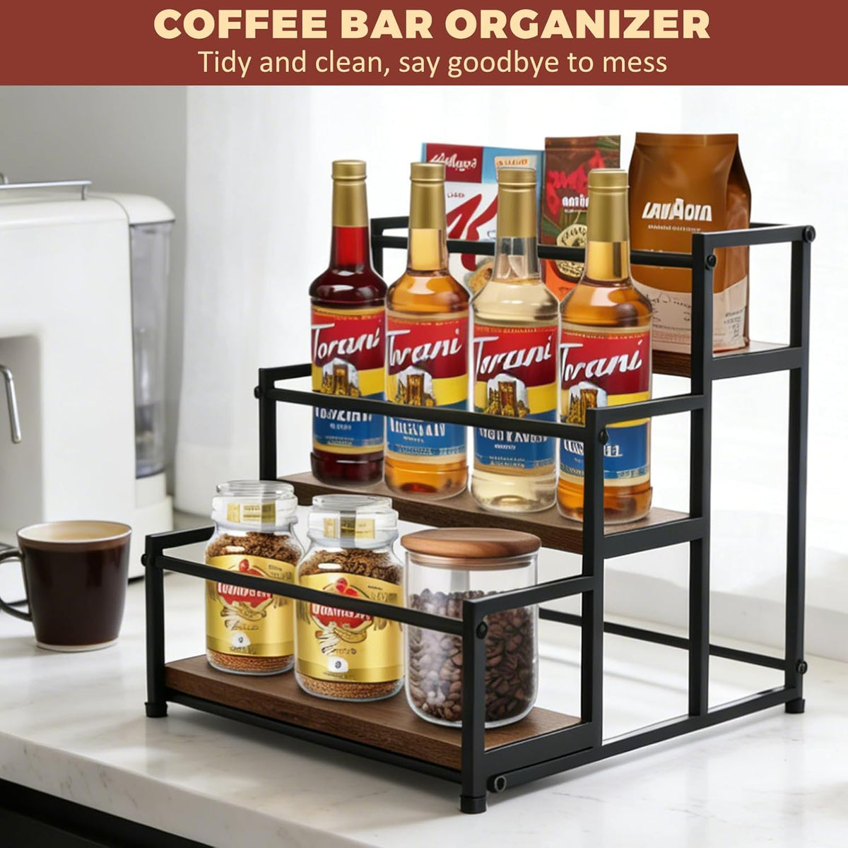 Coffee Syrup Rack Organizer, 3-Tier | Metal Bottle Holder, Holds 12 Bottles, Rustic Countertop Display Shelf, For Coffee Bar, Kitchen Cabinet, Pantry