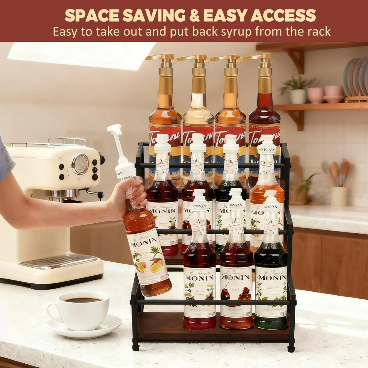 Coffee Syrup Rack Organizer, 3-Tier | Metal Bottle Holder, Holds 12 Bottles, Rustic Countertop Display Shelf, For Coffee Bar, Kitchen Cabinet, Pantry