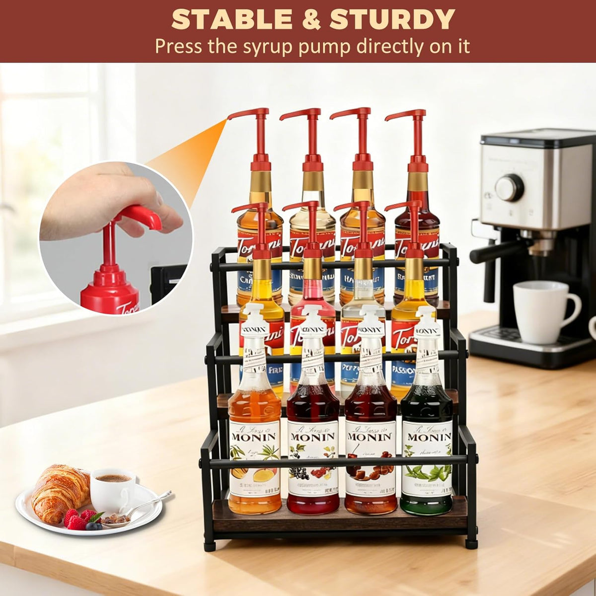Coffee Syrup Rack Organizer, 3-Tier | Metal Bottle Holder, Holds 12 Bottles, Rustic Countertop Display Shelf, For Coffee Bar, Kitchen Cabinet, Pantry