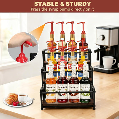 Coffee Syrup Rack Organizer, 3-Tier | Metal Bottle Holder, Holds 12 Bottles, Rustic Countertop Display Shelf, For Coffee Bar, Kitchen Cabinet, Pantry
