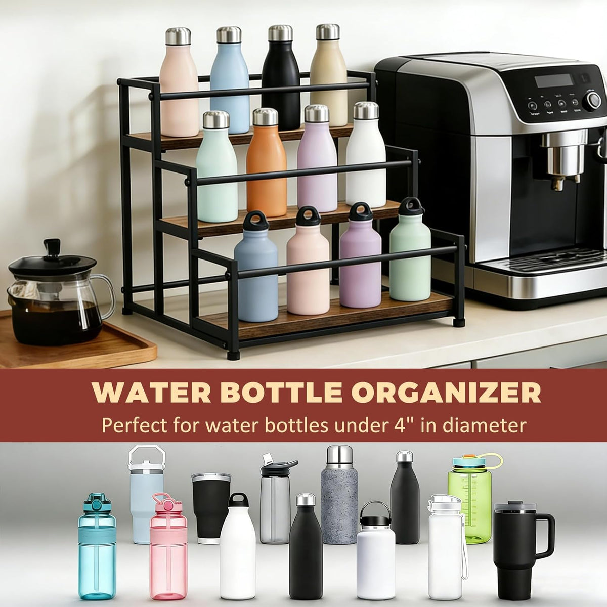 Coffee Syrup Rack Organizer, 3-Tier | Metal Bottle Holder, Holds 12 Bottles, Rustic Countertop Display Shelf, For Coffee Bar, Kitchen Cabinet, Pantry