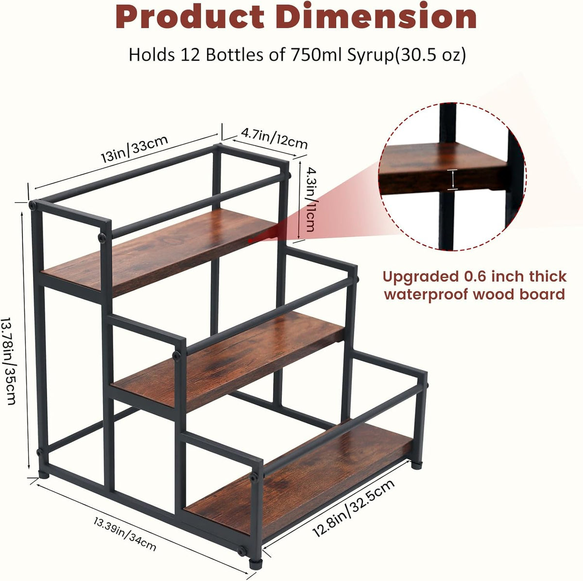 Coffee Syrup Rack Organizer, 3-Tier | Metal Bottle Holder, Holds 12 Bottles, Rustic Countertop Display Shelf, For Coffee Bar, Kitchen Cabinet, Pantry