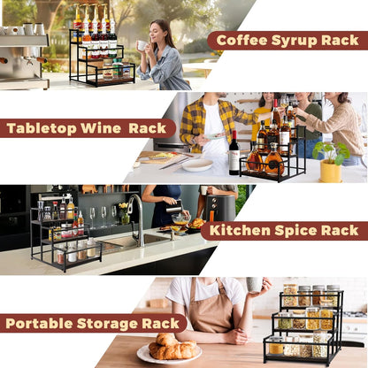 Coffee Syrup Rack Organizer, 3-Tier | Metal Bottle Holder, Holds 12 Bottles, Rustic Countertop Display Shelf, For Coffee Bar, Kitchen Cabinet, Pantry
