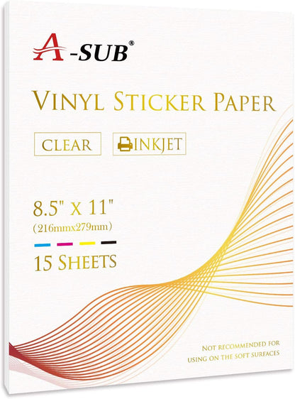 Clear Sticker Paper for Inkjet Printers, Waterproof Glossy | 15 Sheets 8.5x11 Inch, Translucent Printable Vinyl Sticker Paper for Custom Decals