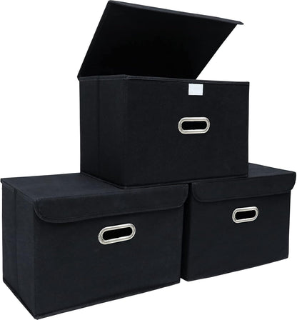 Fabric Storage Cube Bins Foldable Organizer Container Collapsible Basket with Lids and Metal Handles, for Home, Bedroom, Closet (Black)