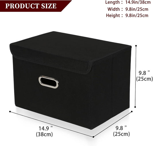 Fabric Storage Cube Bins Foldable Organizer Container Collapsible Basket with Lids and Metal Handles, for Home, Bedroom, Closet (Black)