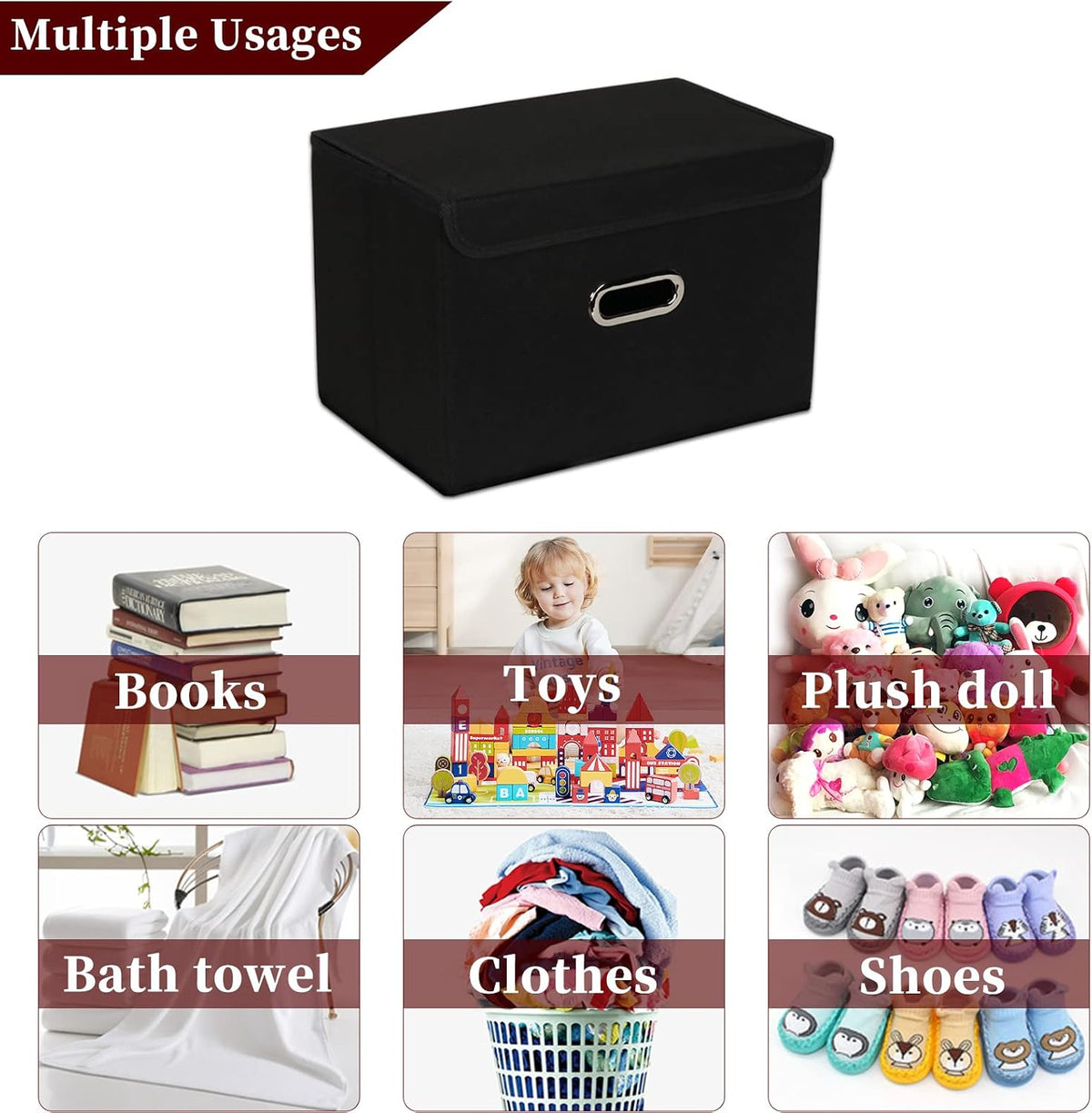 Fabric Storage Cube Bins Foldable Organizer Container Collapsible Basket with Lids and Metal Handles, for Home, Bedroom, Closet (Black)
