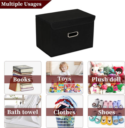 Fabric Storage Cube Bins Foldable Organizer Container Collapsible Basket with Lids and Metal Handles, for Home, Bedroom, Closet (Black)