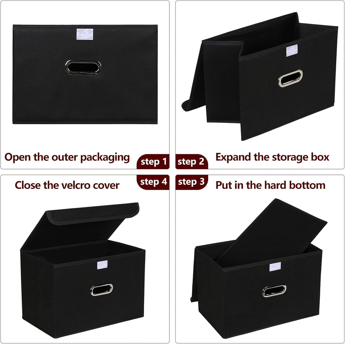 Fabric Storage Cube Bins Foldable Organizer Container Collapsible Basket with Lids and Metal Handles, for Home, Bedroom, Closet (Black)