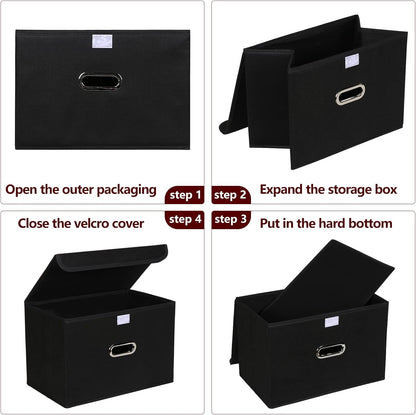 Fabric Storage Cube Bins Foldable Organizer Container Collapsible Basket with Lids and Metal Handles, for Home, Bedroom, Closet (Black)