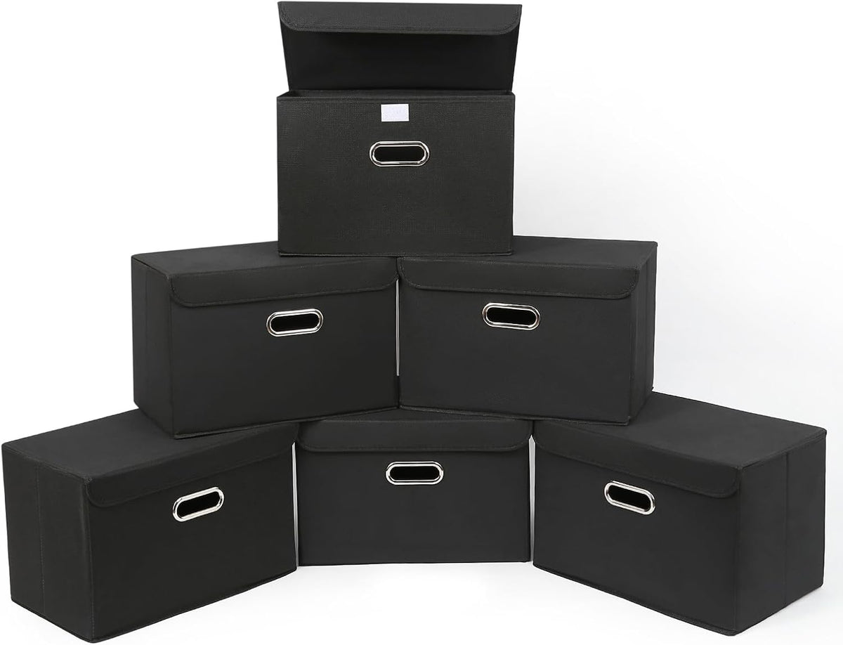 Fabric Storage Cube Bins Foldable Organizer Container Collapsible Basket with Lids and Metal Handles, for Home, Bedroom, Closet (Black)
