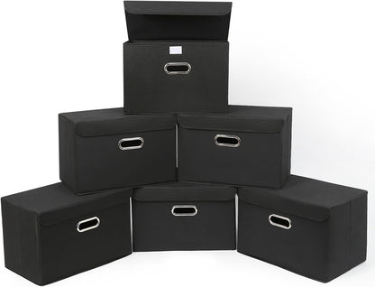 Fabric Storage Cube Bins Foldable Organizer Container Collapsible Basket with Lids and Metal Handles, for Home, Bedroom, Closet (Black)