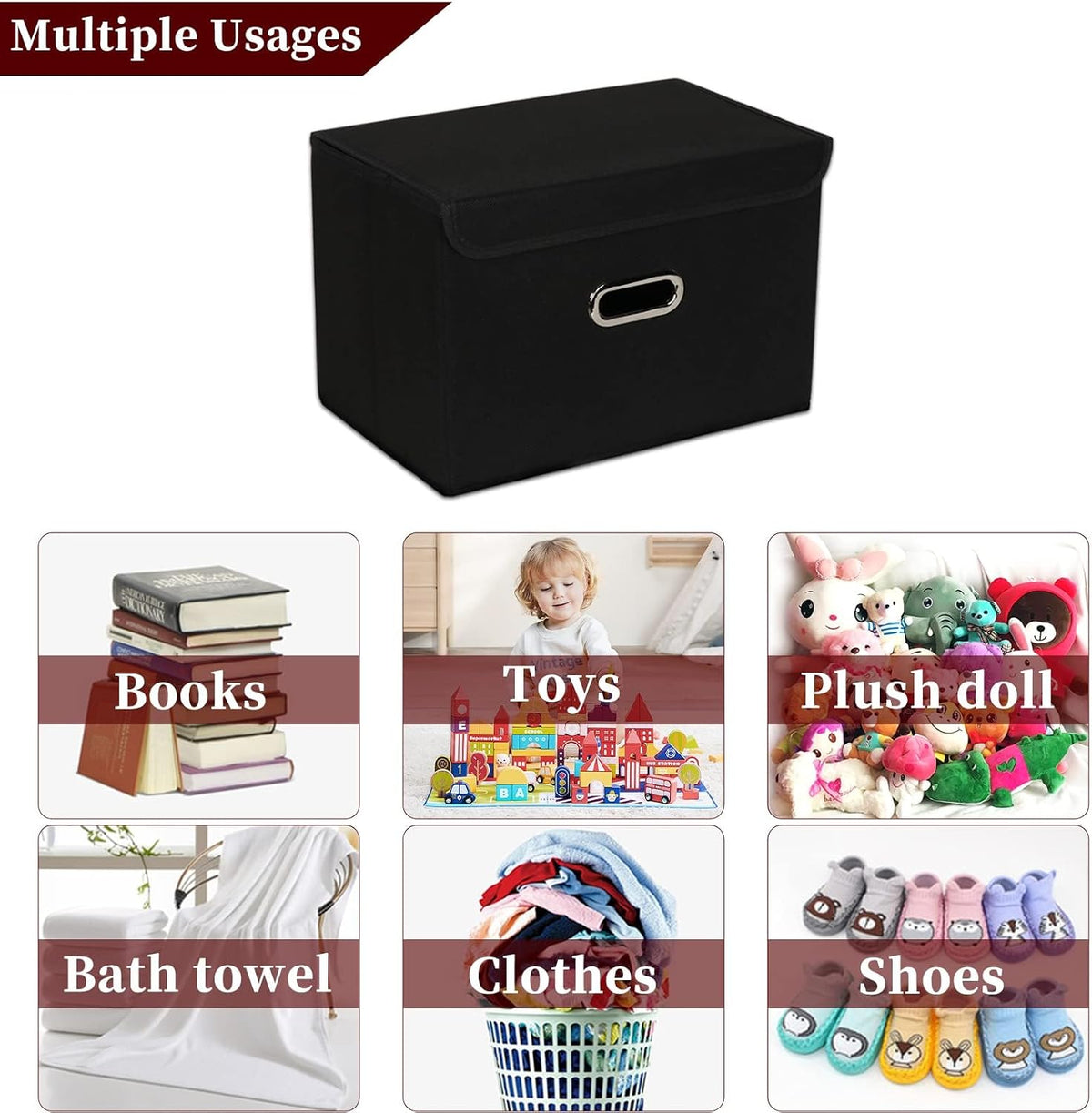 Fabric Storage Cube Bins Foldable Organizer Container Collapsible Basket with Lids and Metal Handles, for Home, Bedroom, Closet (Black)
