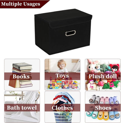 Fabric Storage Cube Bins Foldable Organizer Container Collapsible Basket with Lids and Metal Handles, for Home, Bedroom, Closet (Black)