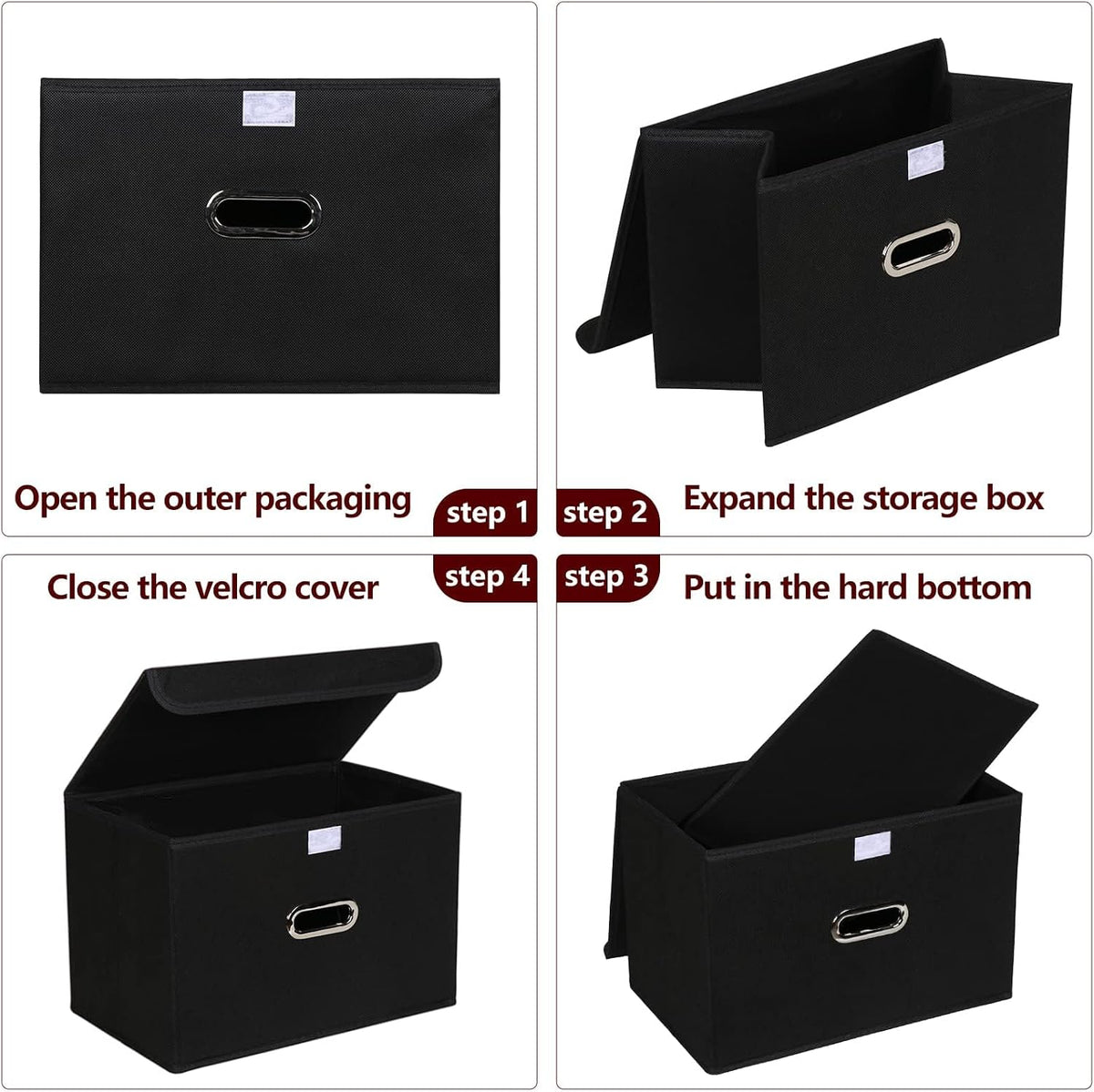 Fabric Storage Cube Bins Foldable Organizer Container Collapsible Basket with Lids and Metal Handles, for Home, Bedroom, Closet (Black)