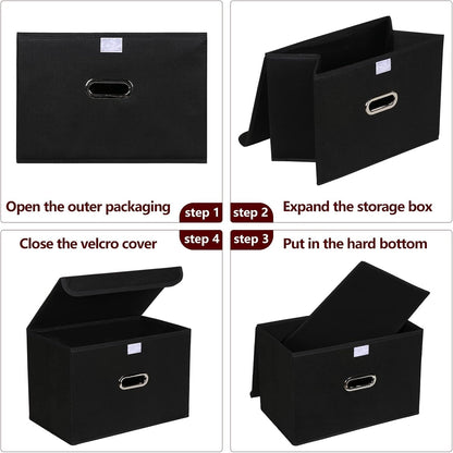 Fabric Storage Cube Bins Foldable Organizer Container Collapsible Basket with Lids and Metal Handles, for Home, Bedroom, Closet (Black)