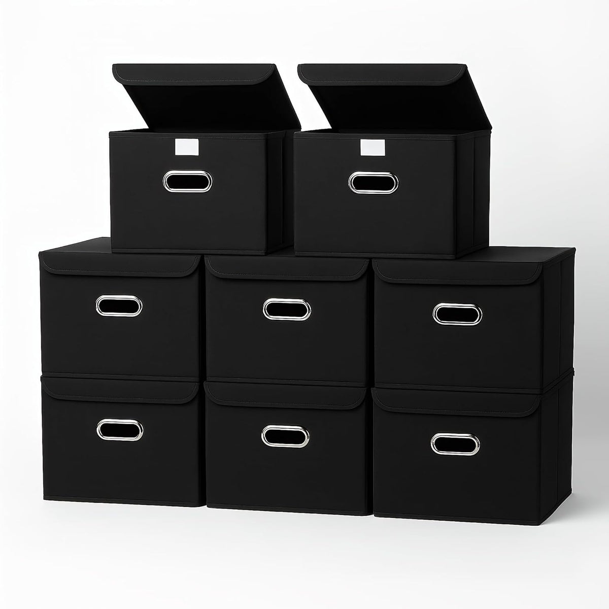 Fabric Storage Cube Bins Foldable Organizer Container Collapsible Basket with Lids and Metal Handles, for Home, Bedroom, Closet (Black)