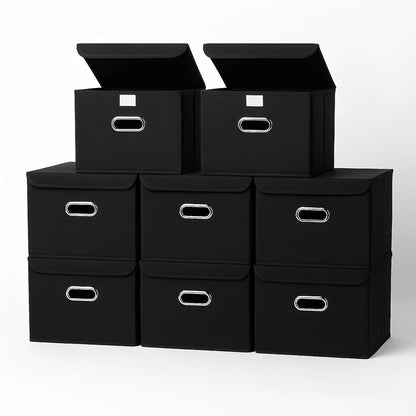 Fabric Storage Cube Bins Foldable Organizer Container Collapsible Basket with Lids and Metal Handles, for Home, Bedroom, Closet (Black)