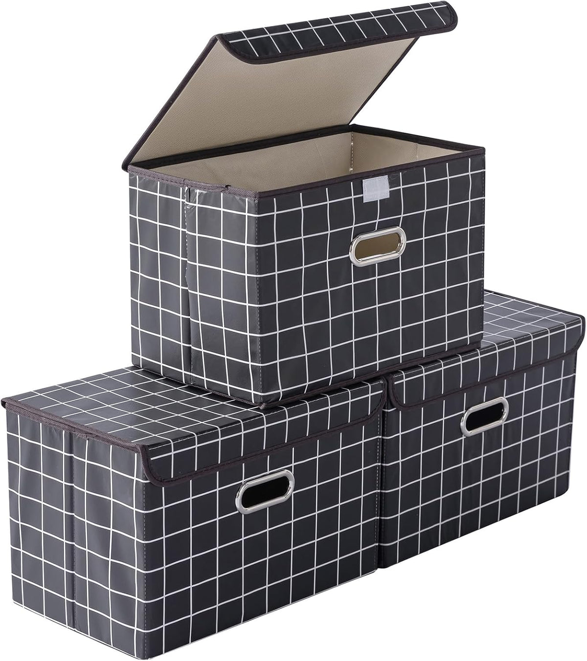 Fabric Storage Cube Bins Foldable Organizer Container Collapsible Basket with Lids and Metal Handles, for Home, Bedroom, Closet (Black)