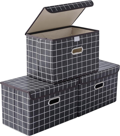 Fabric Storage Cube Bins Foldable Organizer Container Collapsible Basket with Lids and Metal Handles, for Home, Bedroom, Closet (Black)