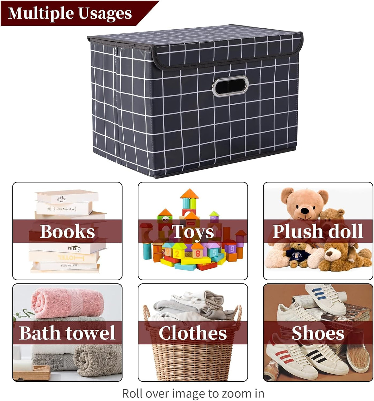 Fabric Storage Cube Bins Foldable Organizer Container Collapsible Basket with Lids and Metal Handles, for Home, Bedroom, Closet (Black)
