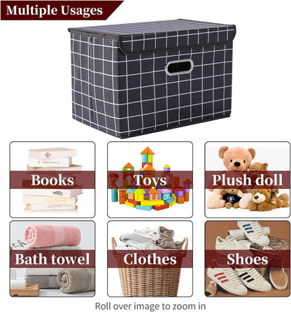 Fabric Storage Cube Bins Foldable Organizer Container Collapsible Basket with Lids and Metal Handles, for Home, Bedroom, Closet (Black)