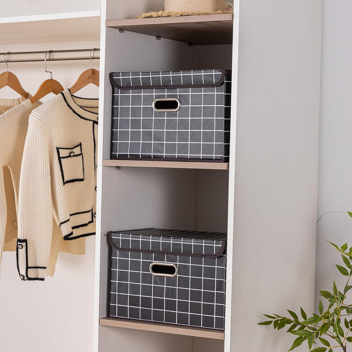 Fabric Storage Cube Bins Foldable Organizer Container Collapsible Basket with Lids and Metal Handles, for Home, Bedroom, Closet (Black)
