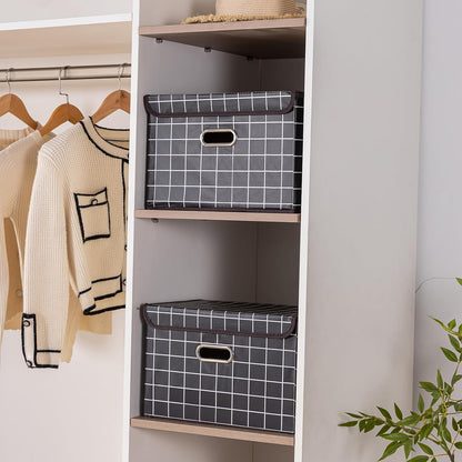Fabric Storage Cube Bins Foldable Organizer Container Collapsible Basket with Lids and Metal Handles, for Home, Bedroom, Closet (Black)