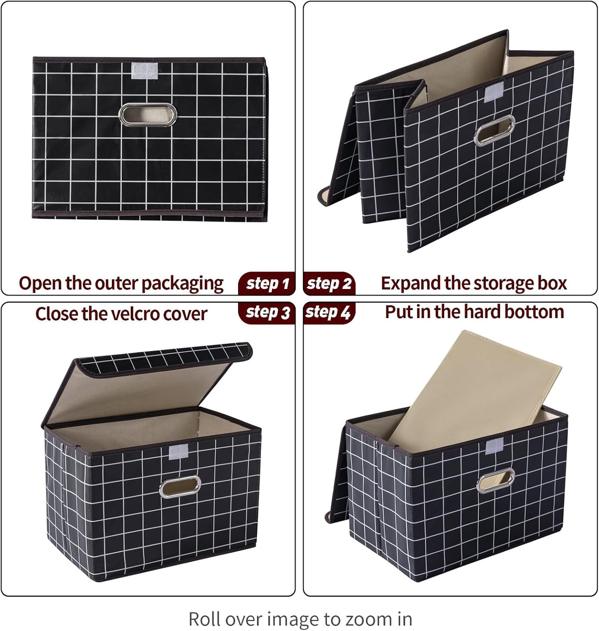Fabric Storage Cube Bins Foldable Organizer Container Collapsible Basket with Lids and Metal Handles, for Home, Bedroom, Closet (Black)