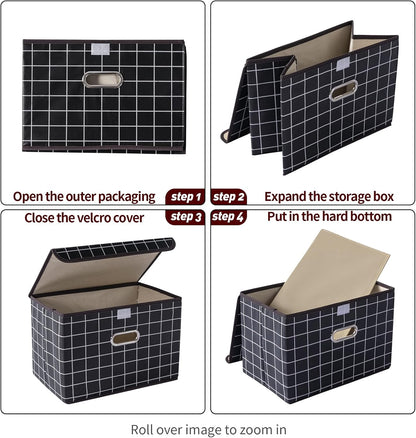 Fabric Storage Cube Bins Foldable Organizer Container Collapsible Basket with Lids and Metal Handles, for Home, Bedroom, Closet (Black)